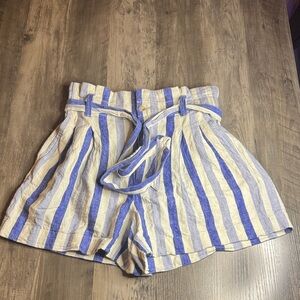 Madewell High Waist Blue and Cream Linen/Cotton Paper Bag Striped Shorts